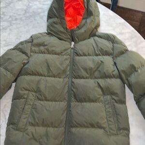 Moncler Kids Green Puffer Jacket with Bright Orange Interior